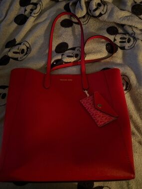 Michael Kors Bright Red Saffiano Tote with Matching Card Holder